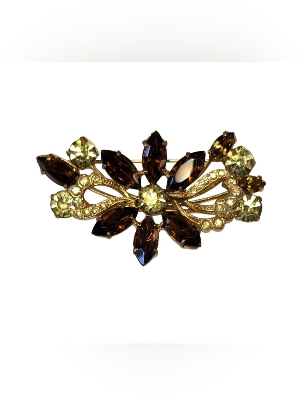 Gold Tone Smoky Topaz and Citrine Rhinestone Openwork Floral Spray Brooch Pin